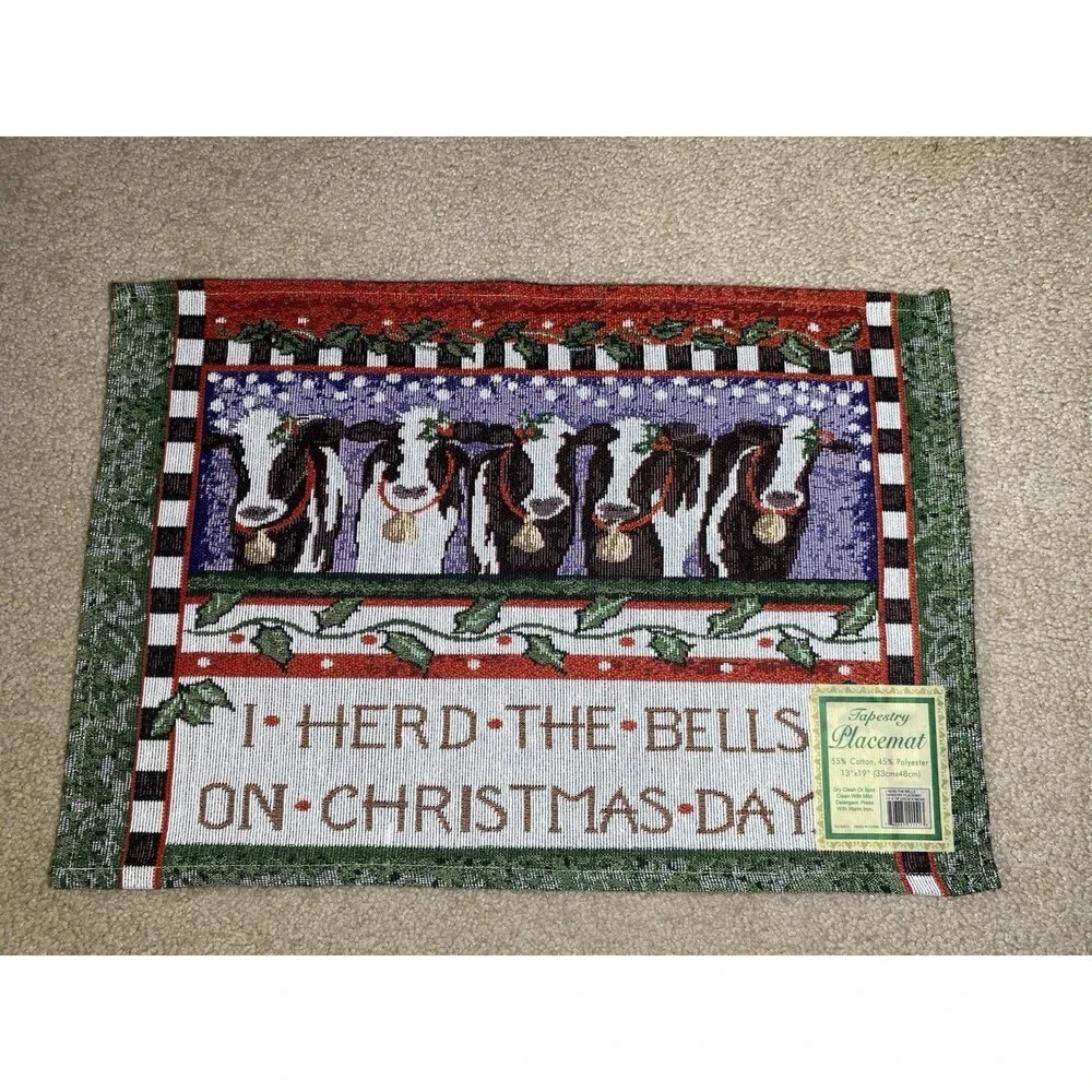 Rare Vintage NWT Windham Weavers Christmas Cow I Herd The Bells Placemats Set 6